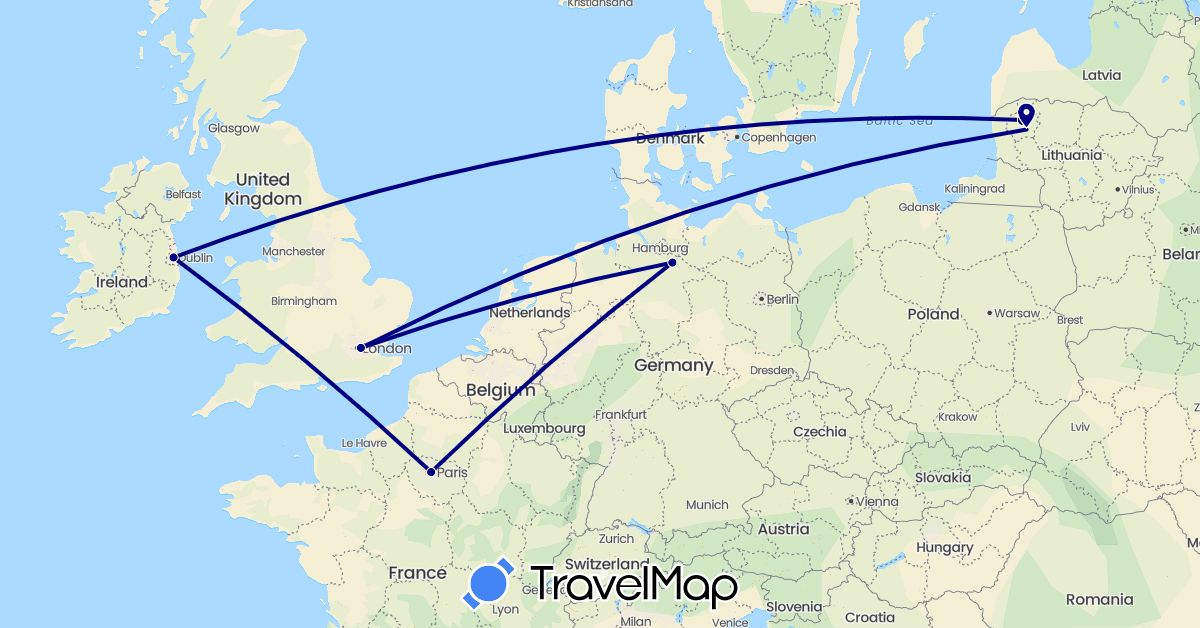 TravelMap itinerary: driving in Germany, France, United Kingdom, Ireland, Lithuania (Europe)